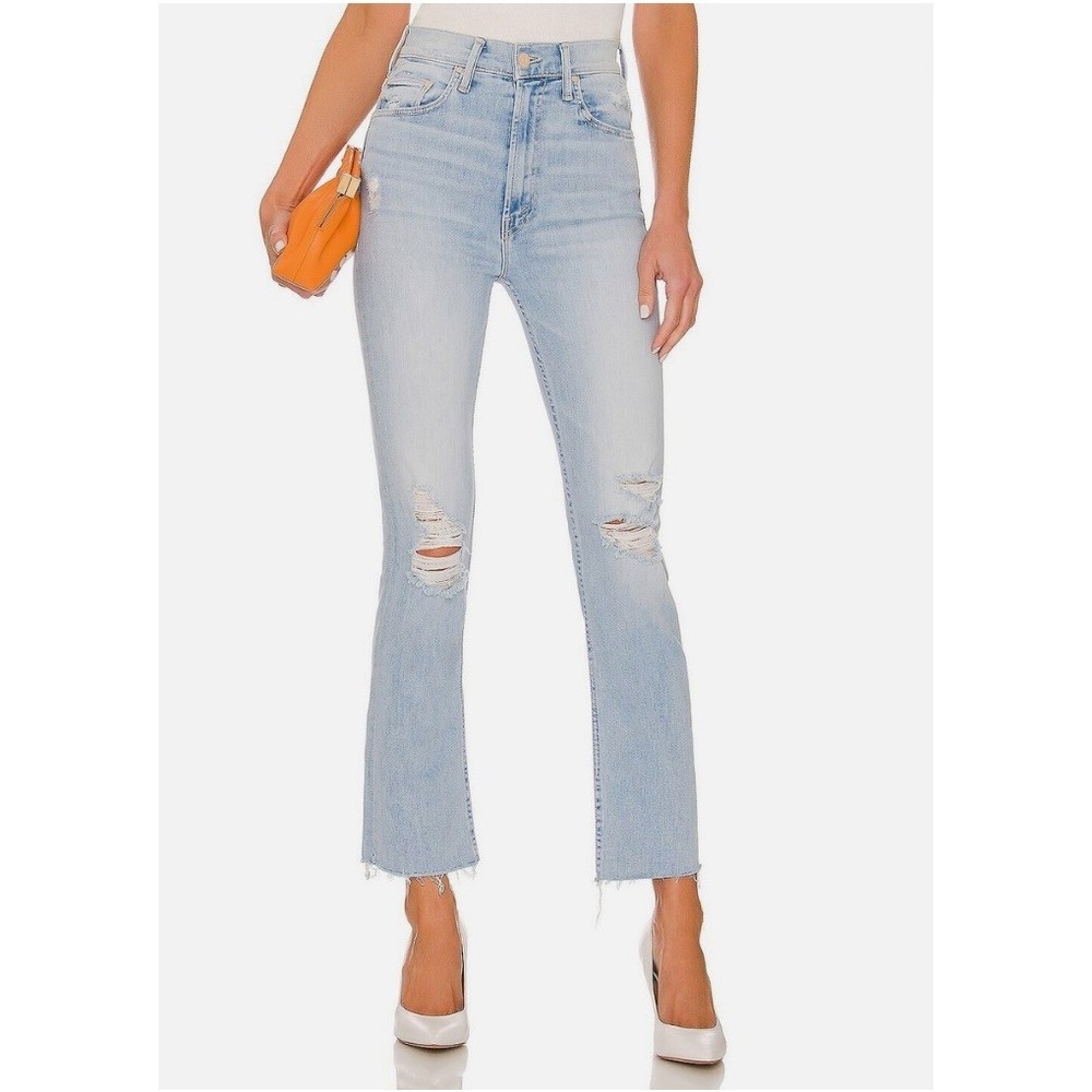 MOTHER Denim High Waisted Straight Leg Distressed Jeans Light Wash Raw Hem